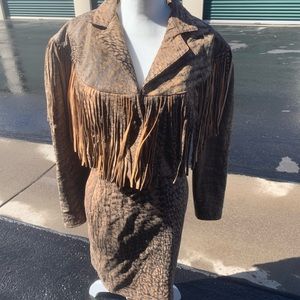 Fringed western styled letter jacket and skirt